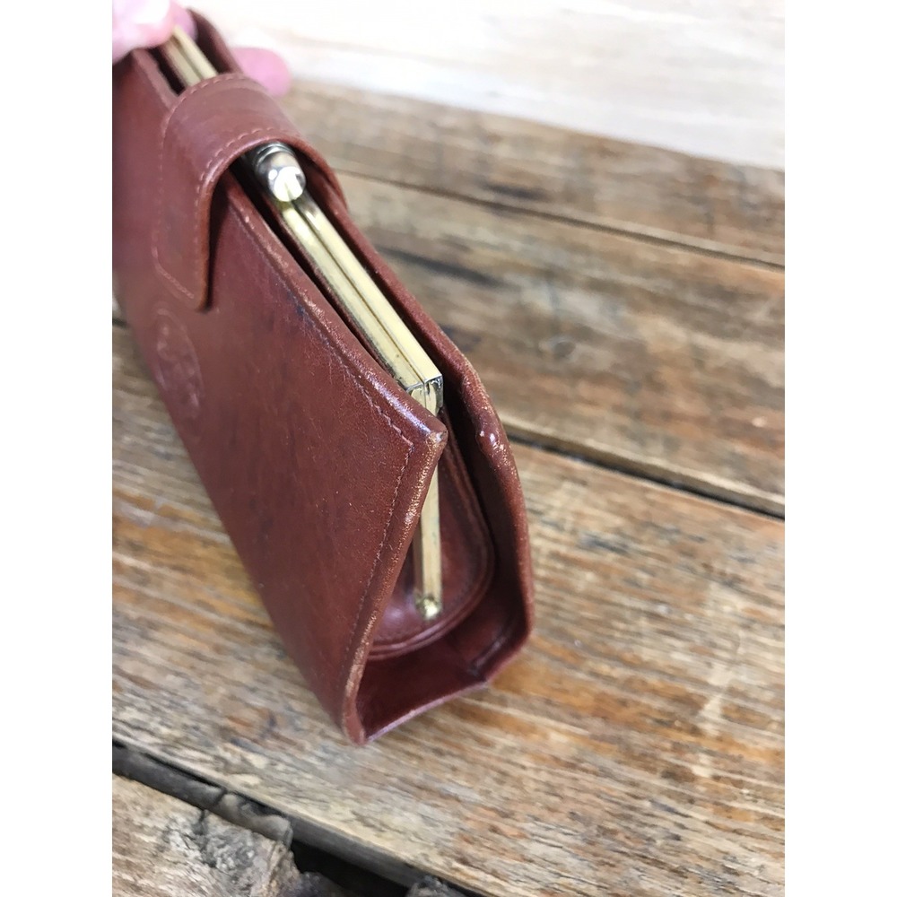 Vtg MCM Unique Brown Leather Wallet Clutch Peridot No. 007 Kiss Lock - Picture 4 of 11